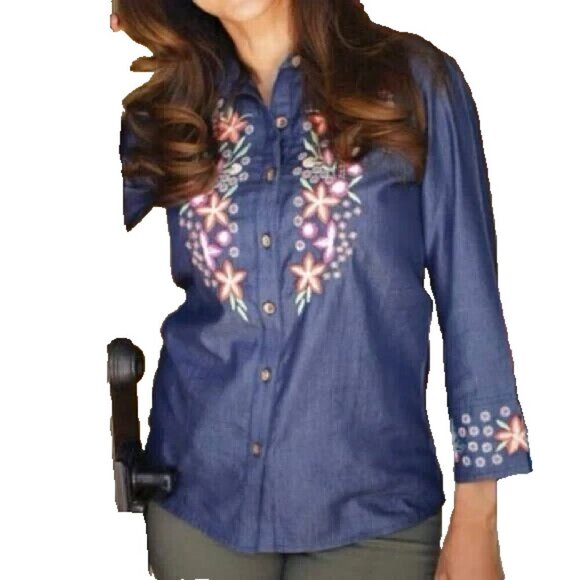 Parsley & Sage Women Embroidered Top Blouse Shirt Size `1X Blue Button Up Collar - Picture 1 of 14
